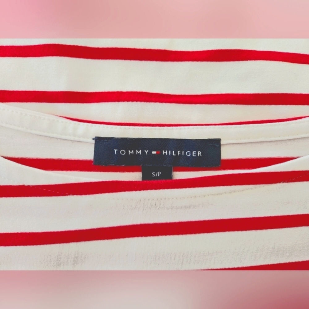 Tommy Hilfiger Red White Stripe Tunic Shirt Roll Cap Style Sleeve Trim Detail SP - Picture 4 of 9
